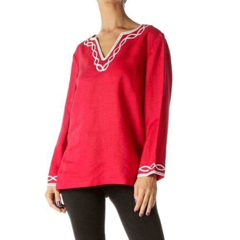 Talbots Womens 100% Linen Tunic Topโ Size S Petite Red Embroidered Trim Beach